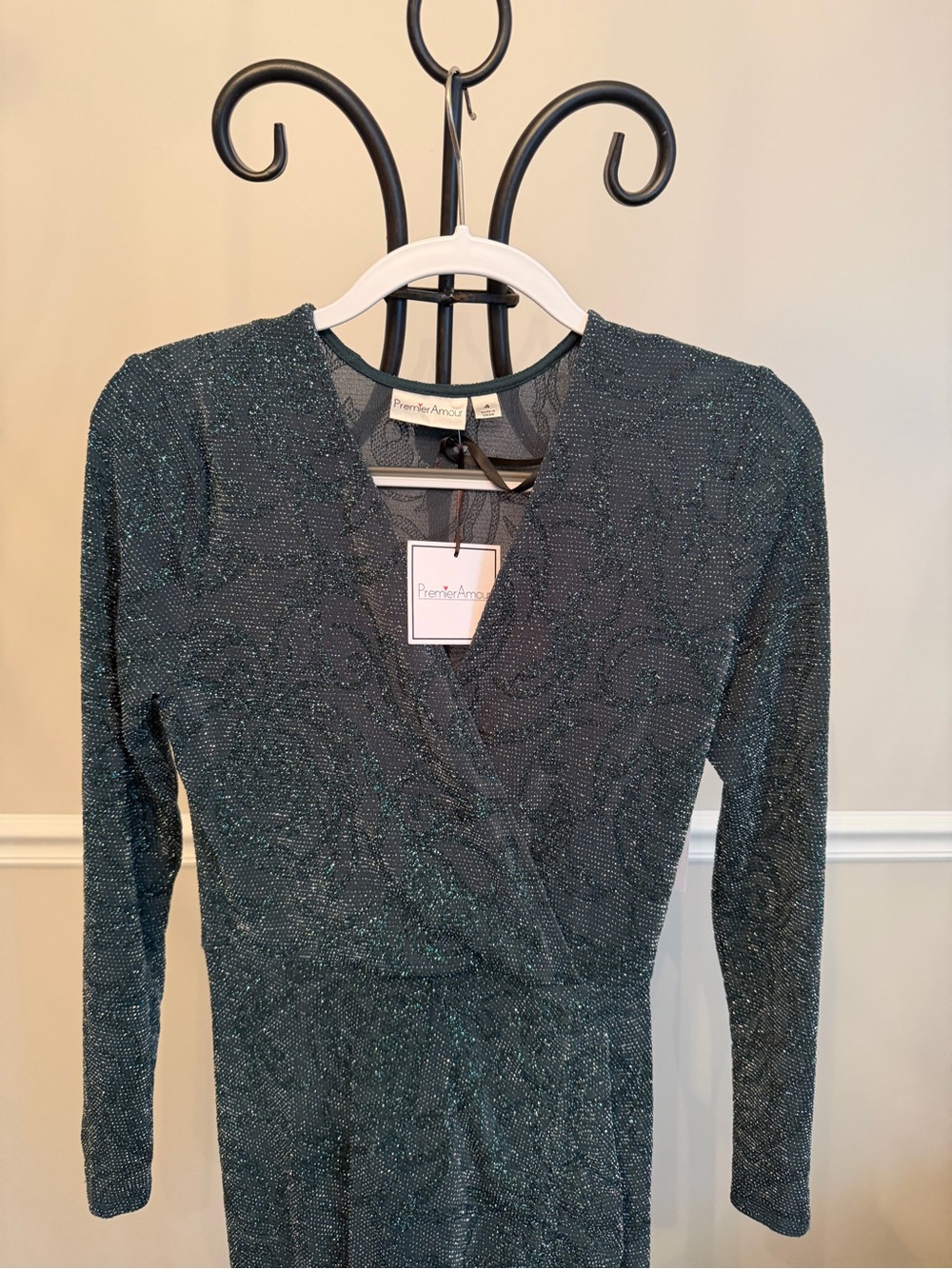 NWT Premier Amour Hunter Green Metallic Shimmer Faux Wrap Ruched Bodycon Dress - Picture 3 of 8